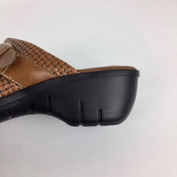 Clarks Womens Tan Brown Leather Heeled Mules Basket Weave Comfort Shoes size 7 - Picture 11 of 16